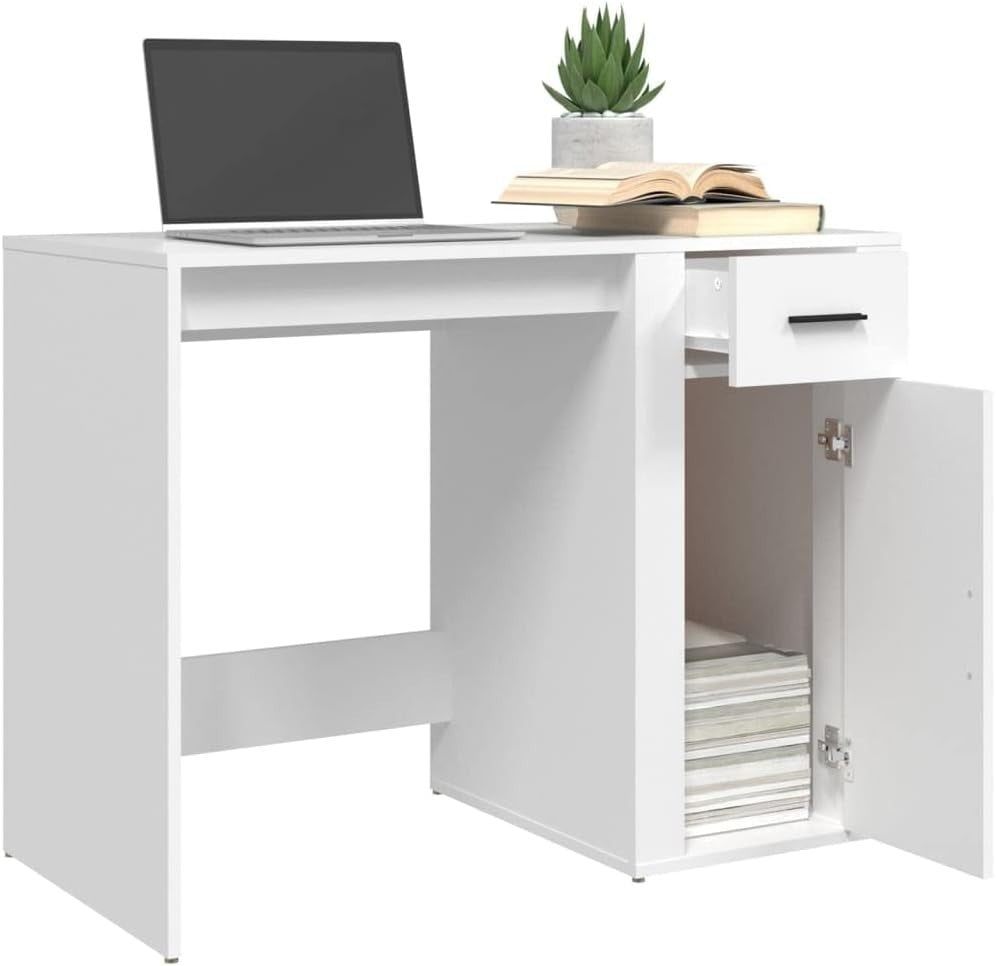 Modern White Office Desk with Drawer 100x49x75cm, Compact Reversible Workstation