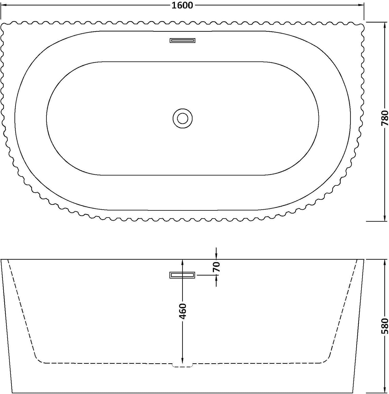 1600x780mm Oval Back-to-Wall Acrylic Bath White Fluted Soaking Tub