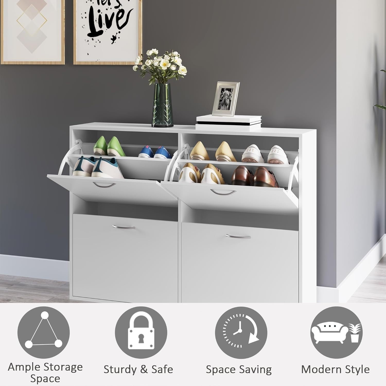 4 Drawer Shoe Cabinet Storage Unit – Modern Slim Cupboard with Flip Doors – Whit
