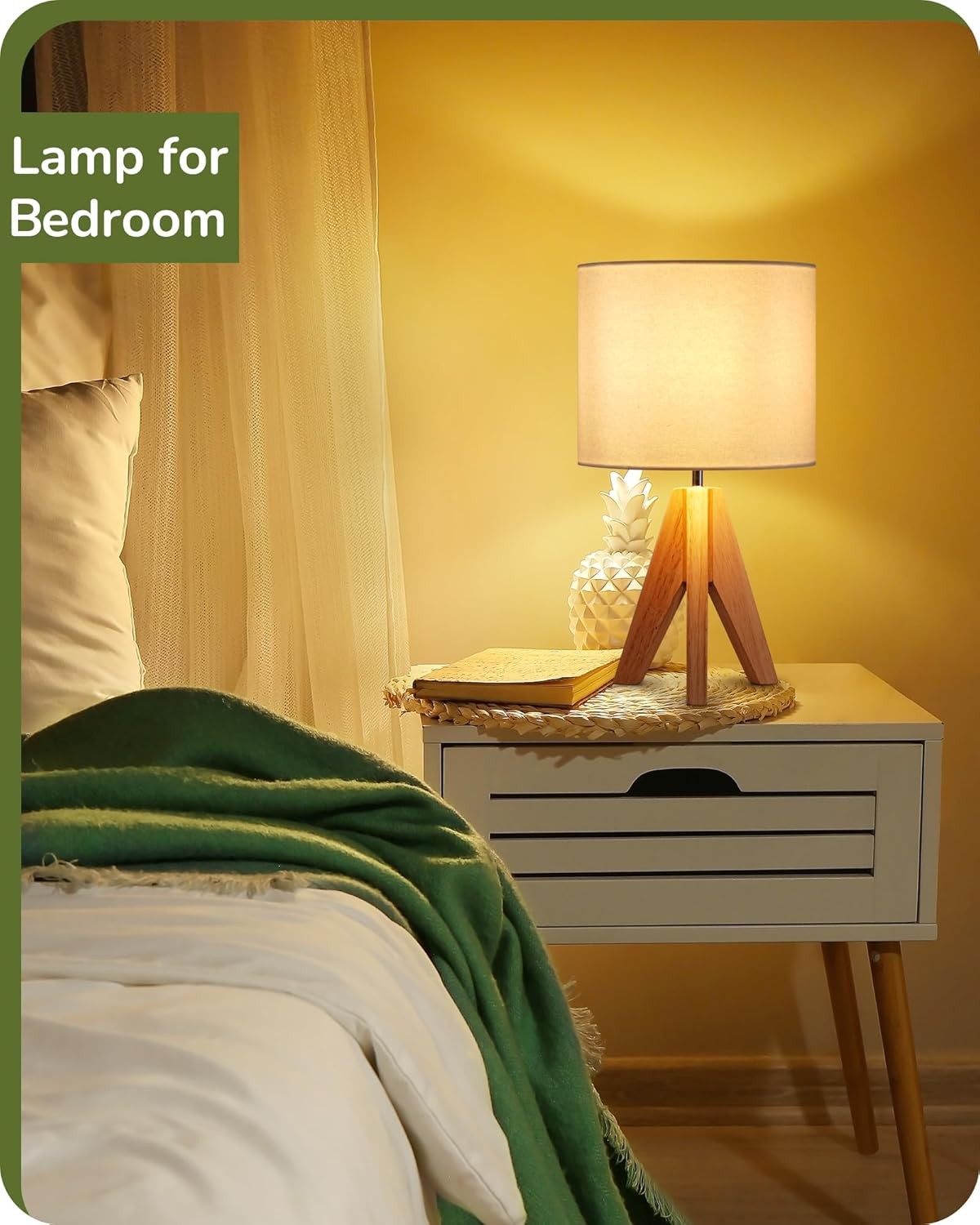 Wood Tripod Table Lamp Bedside Desk Light Linen Shade Reading Bedroom Office