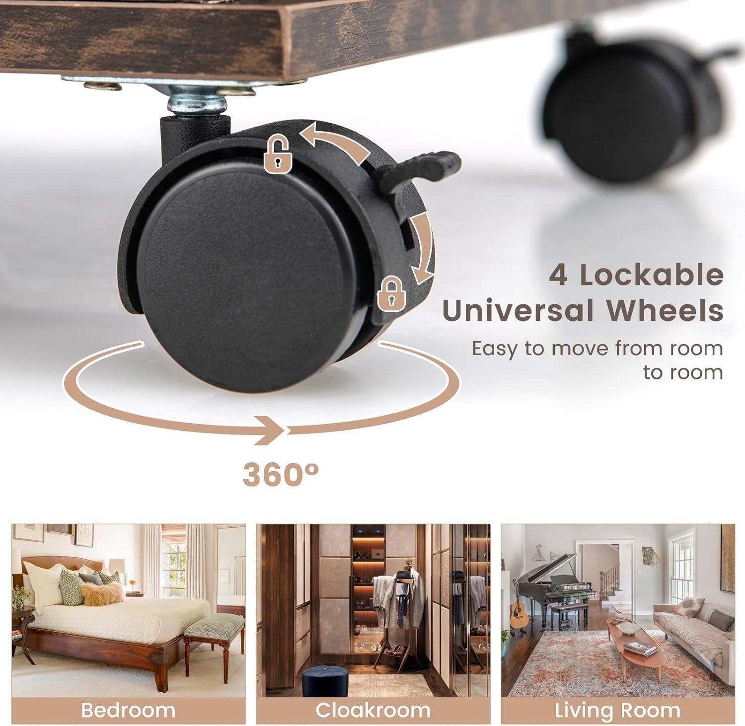 Rustic Brown LED Jewelry Armoire Lockable Mirror Cabinet with Wheels