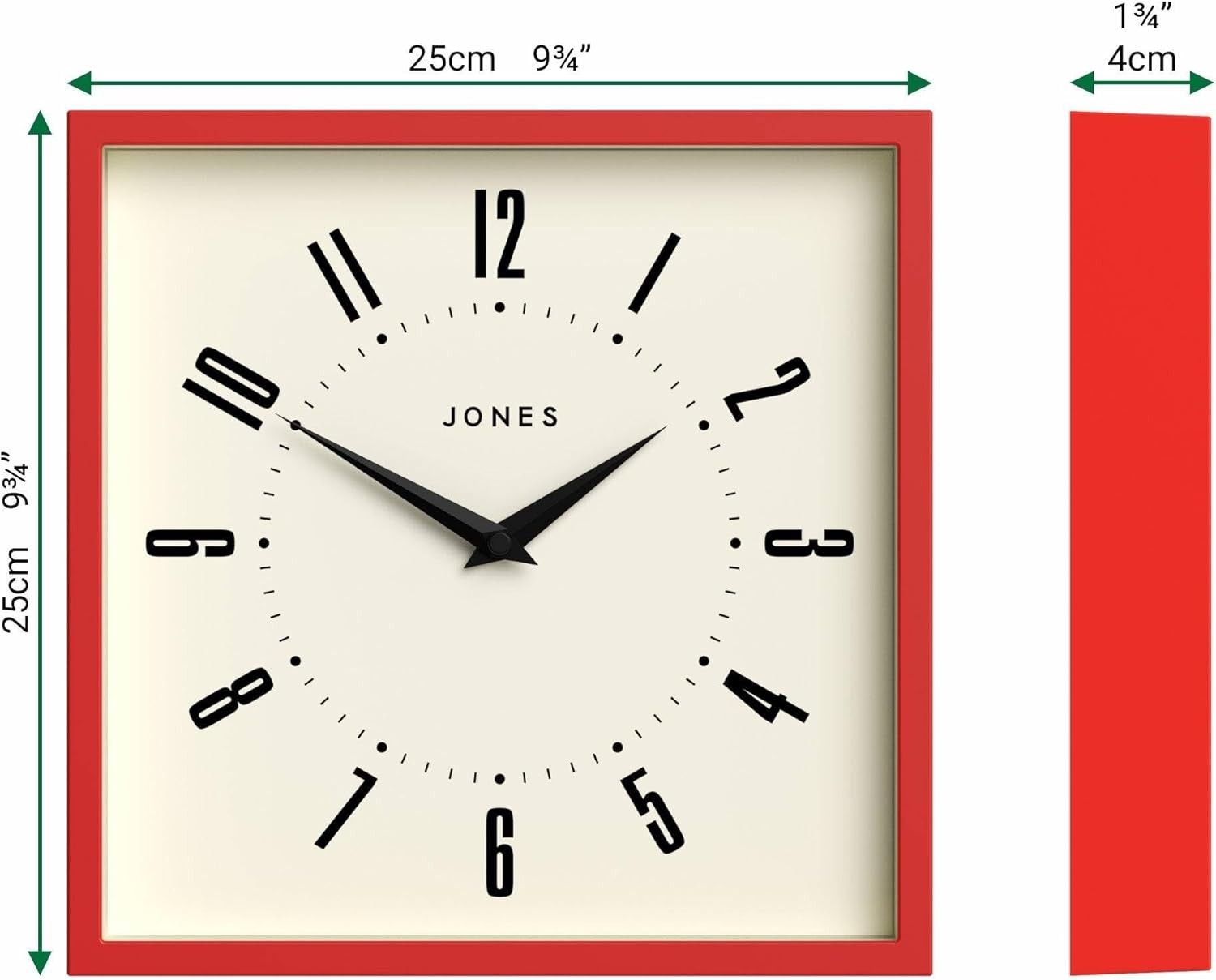25cm Red Square Wall Clock Retro Silent Quartz Easy Read Numbers Kitchen Office