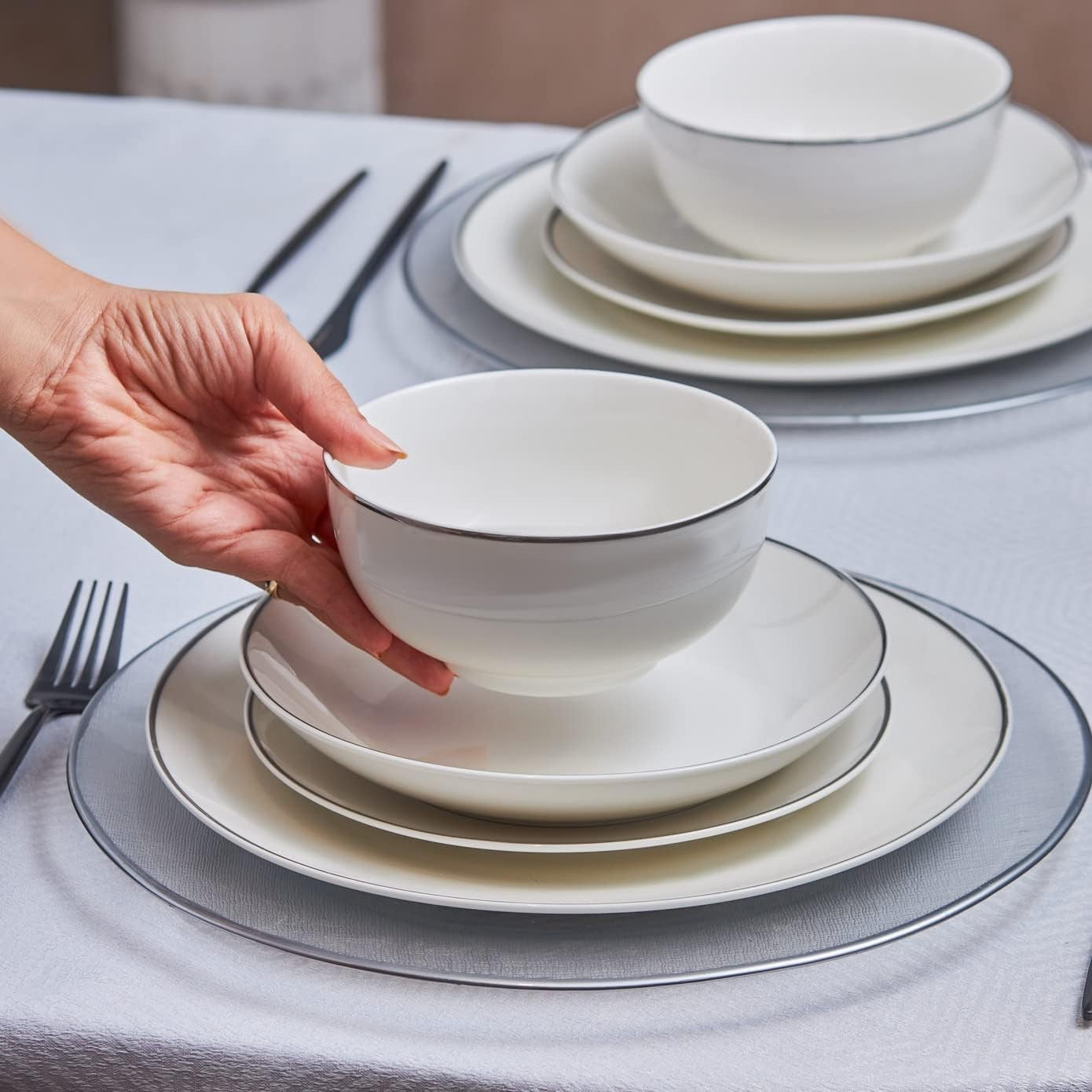 24 Piece Porcelain Dinner Set for 6 Plates Bowls Elegant White Tableware
