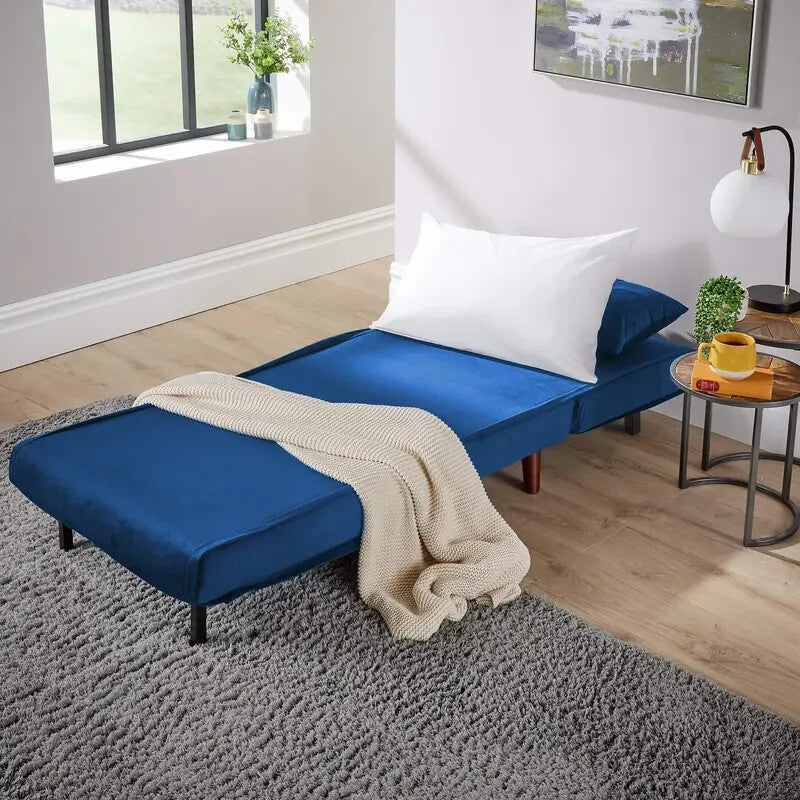 Blue Velvet Single Sofa Bed Chair Folding Seat Guest Sleeper with Pillow