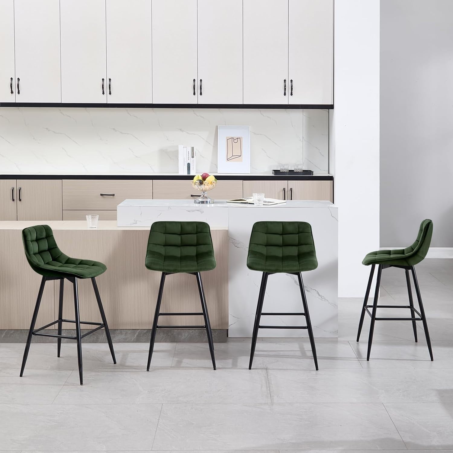 Dark Green Velvet Bar Stools Set of 2 – Ergonomic Kitchen & Counter Seats