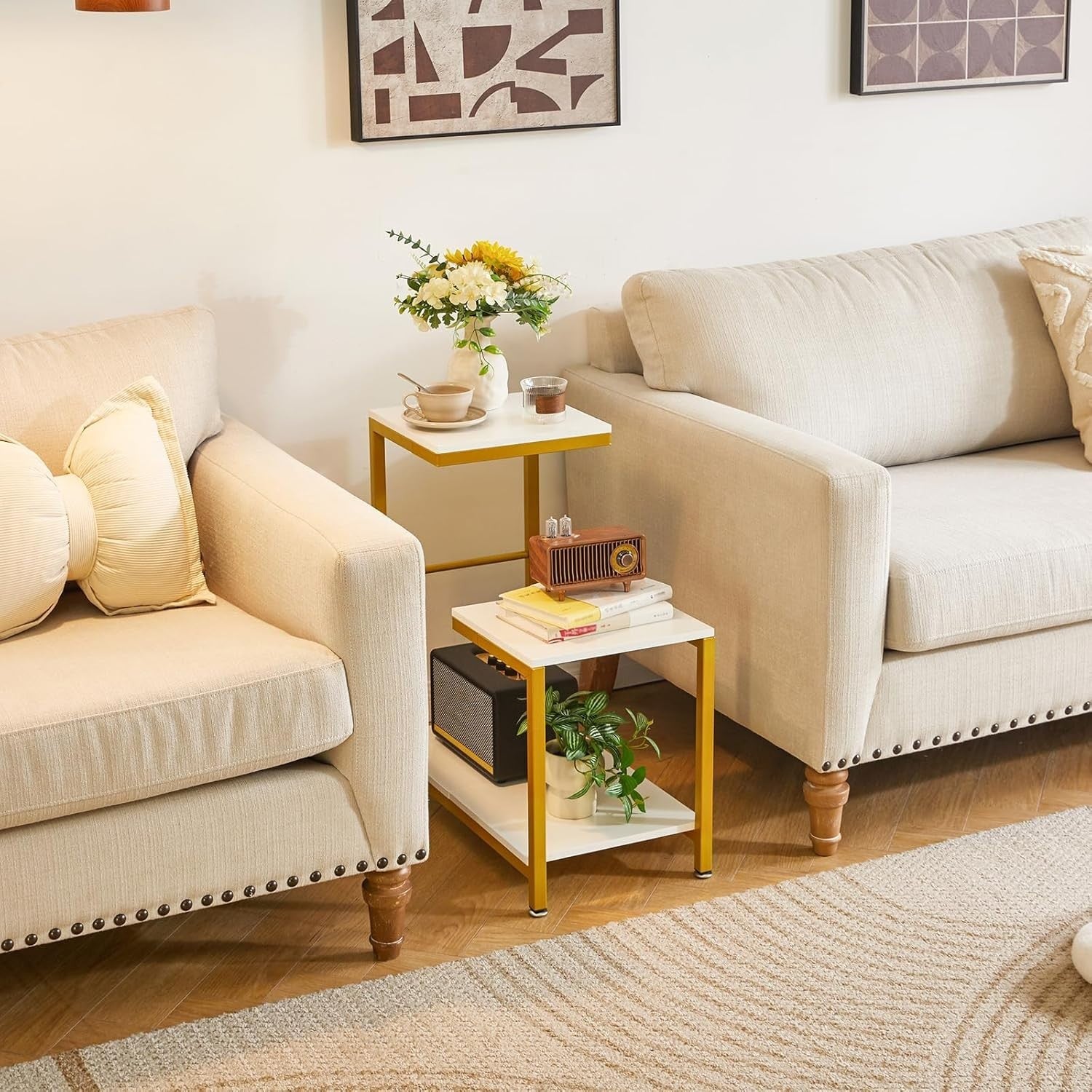 White G-Shaped Side Table 29x60x63.5 cm | Small End Table w/ 3-Tier Storage