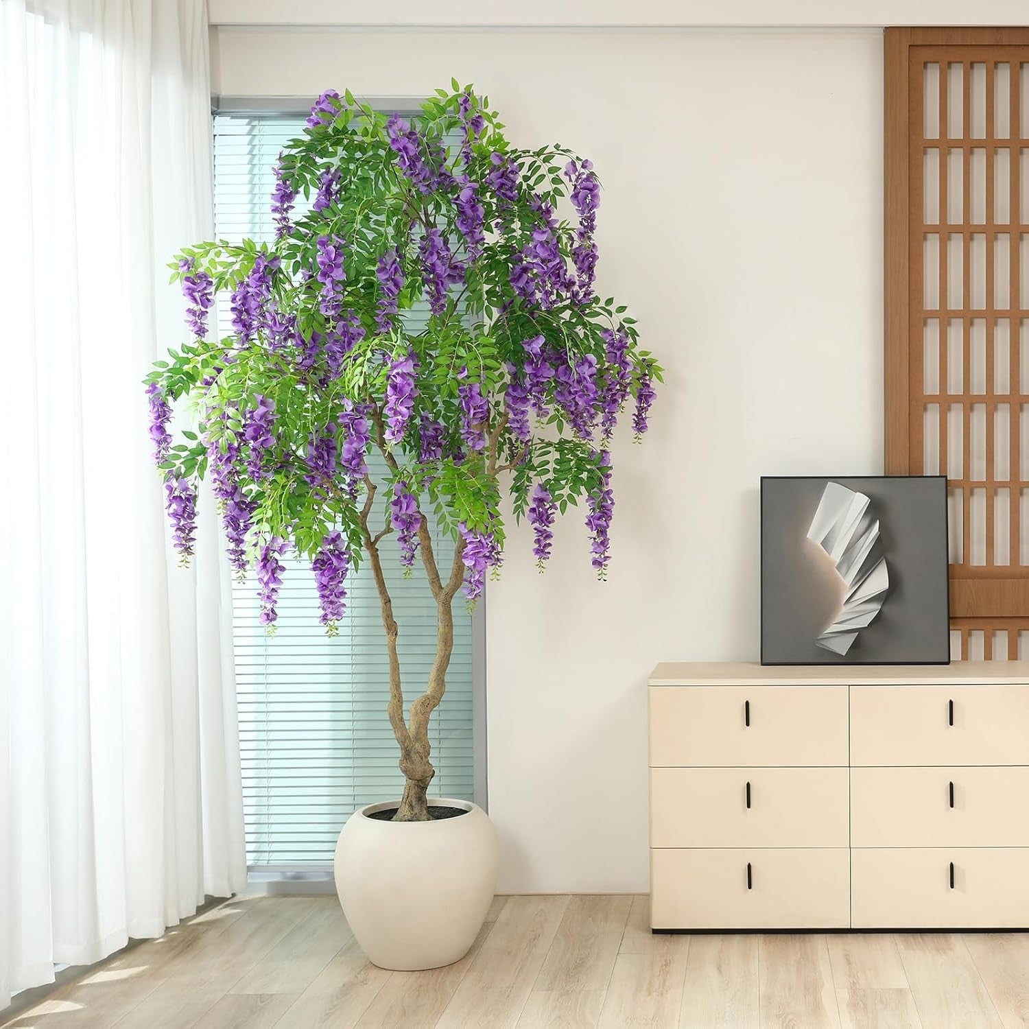 8ft Artificial Wisteria Tree in White Planter Faux Blooming Purple Indoor Decor