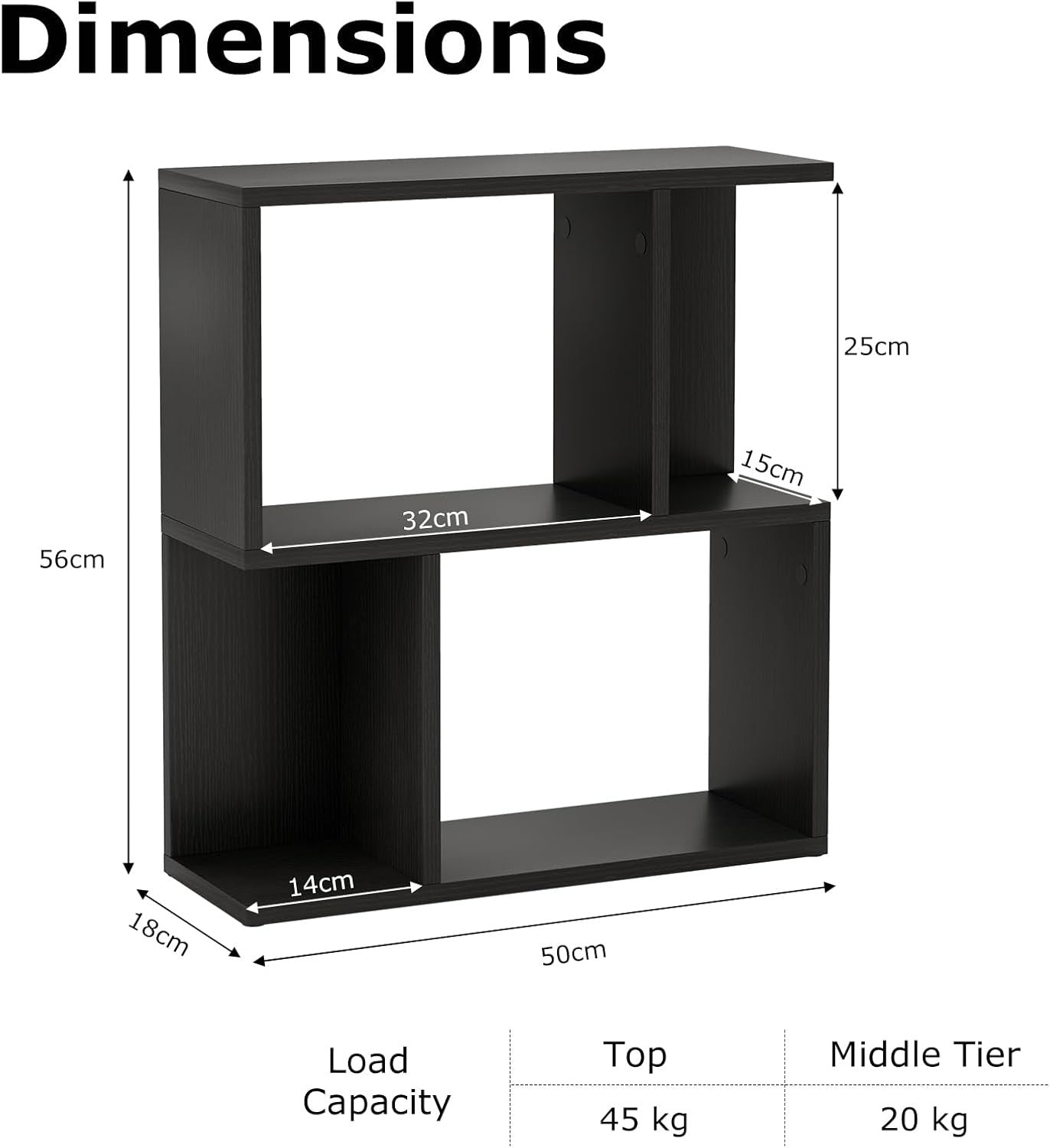 Black S-Shaped 3 Tier Bookcase Small Freestanding Display Shelf 50×18×56cm