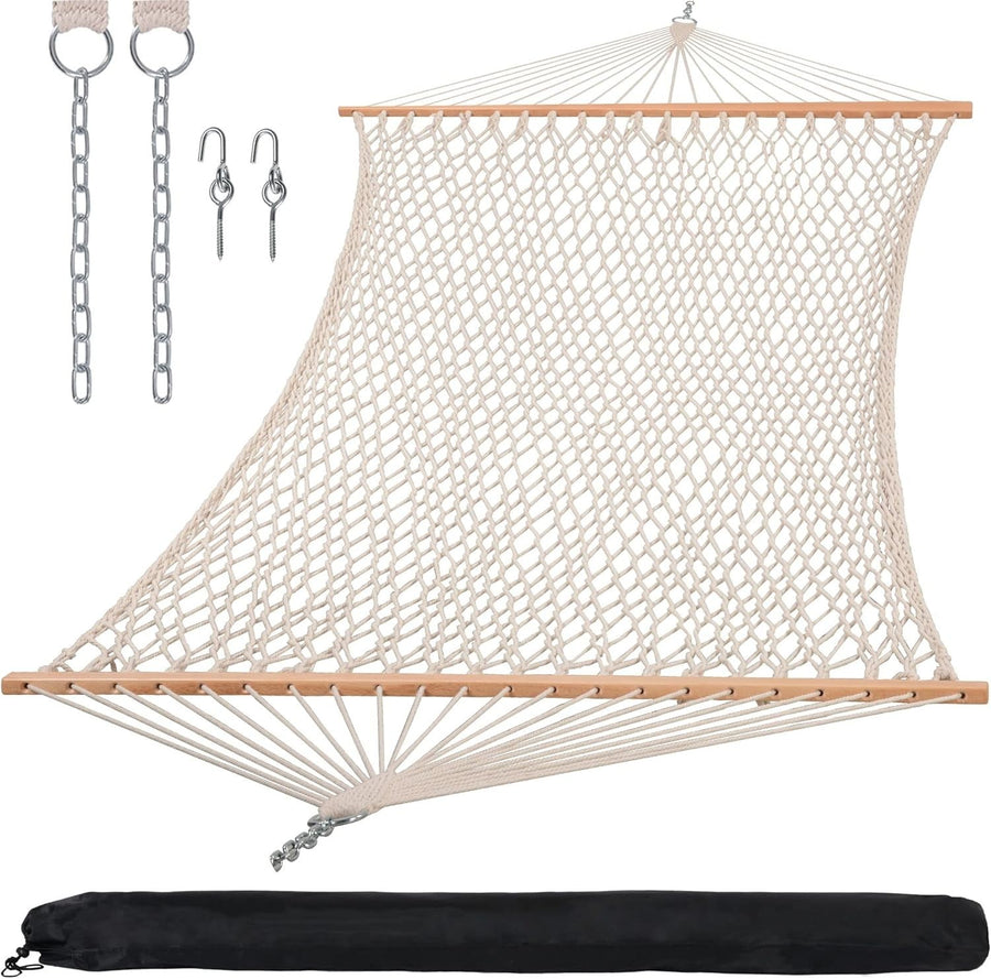 Beige Double Rope Hammock with Spreader Bar | 2-Person Outdoor Swing 450lbs