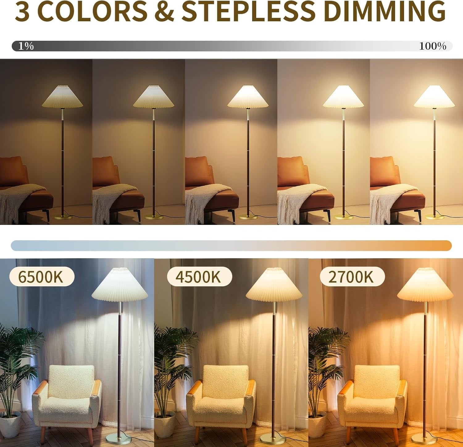 Floor Lamp with Remote App Foot Switch Dimmable Wooden Standing Light
