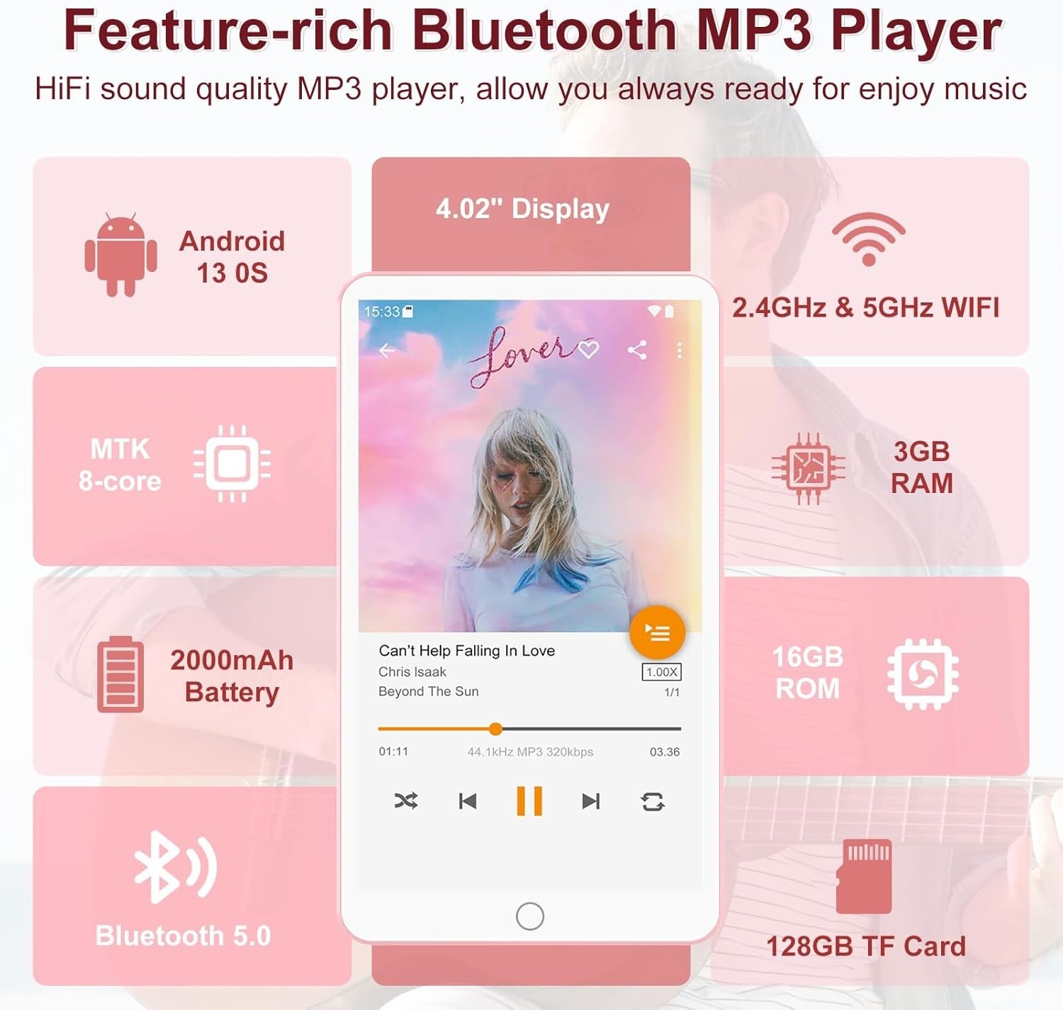 144GB MP3 Player Bluetooth WiFi 4" Touchscreen Android Pink