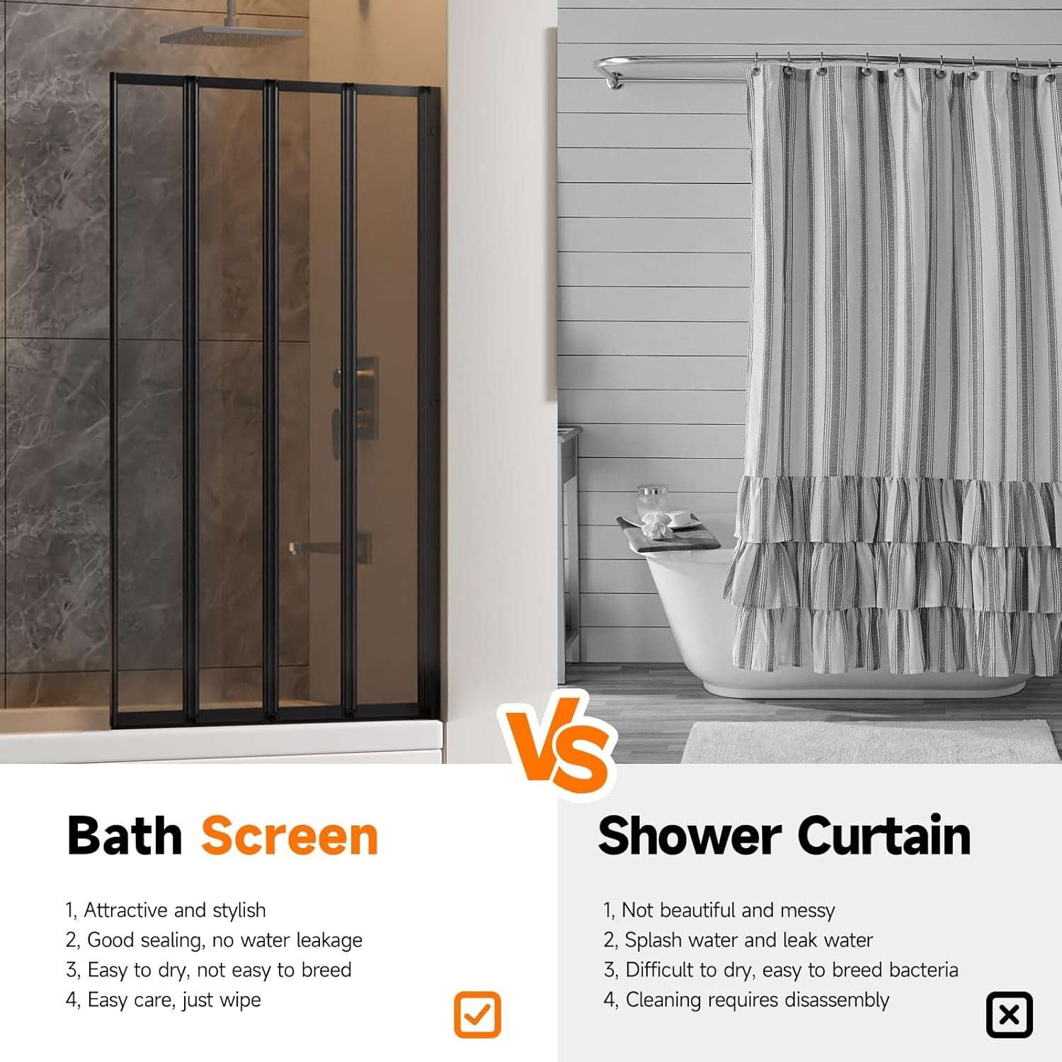 Black 4 Panel Folding Shower Screen 800x1400mm Tempered Glass Bath Screen