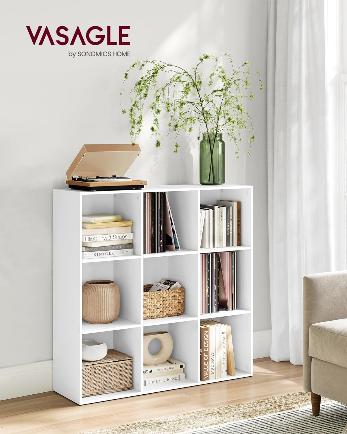 9-Cube White Bookcase | Large Storage Shelf Unit for Living Room Office Home
