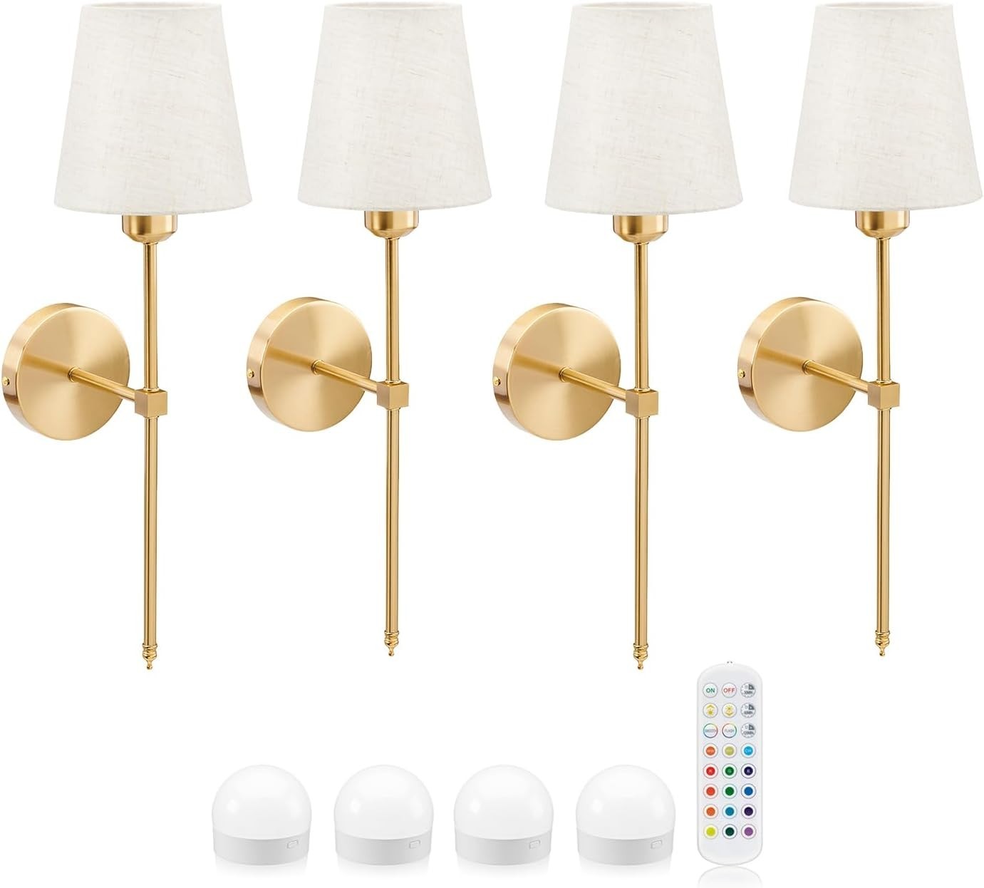 Wireless LED Wall Lights Set of 4, Dimmable Rechargeable Lamps + Remote