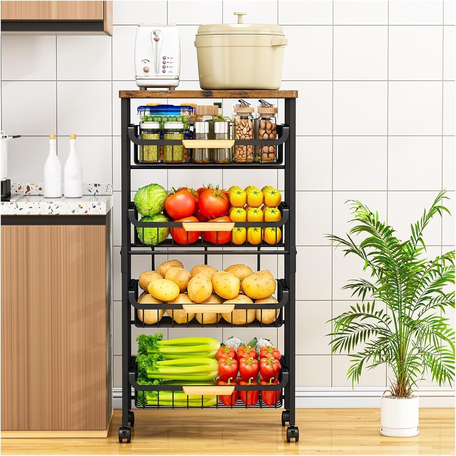 5 Tier Kitchen Trolley on Wheels Storage Rack Wood Top