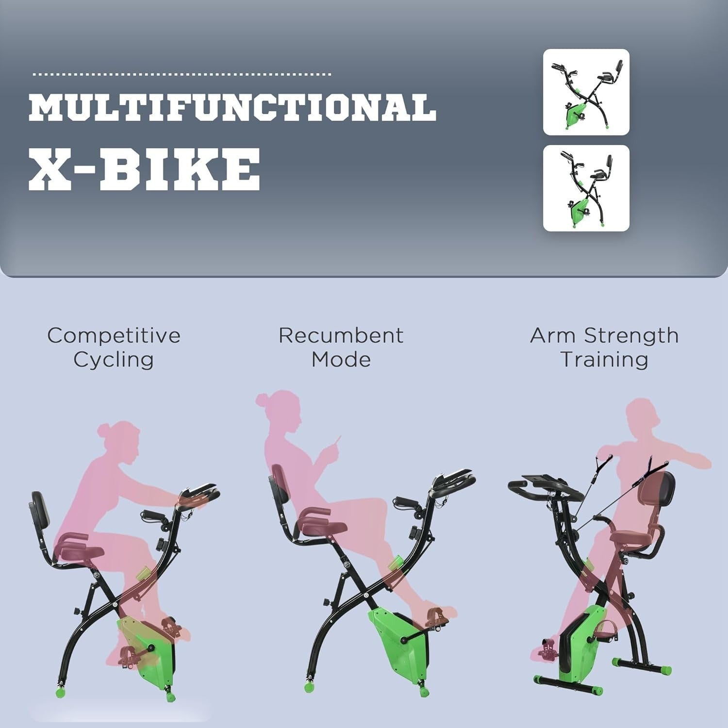 Green 3-in-1 Folding Exercise Bike Magnetic Resistance LCD Pulse & Bands