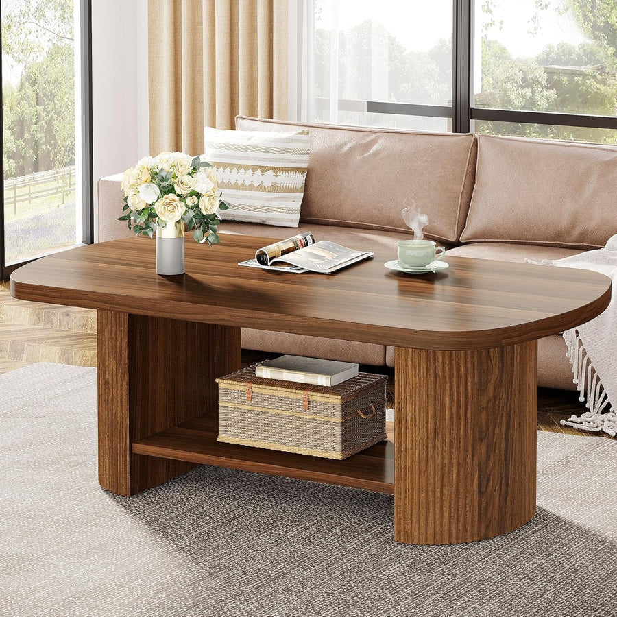 Oval 2-Tier Coffee Table with Storage Shelf, Mid-Century Rustic Brown 115cm