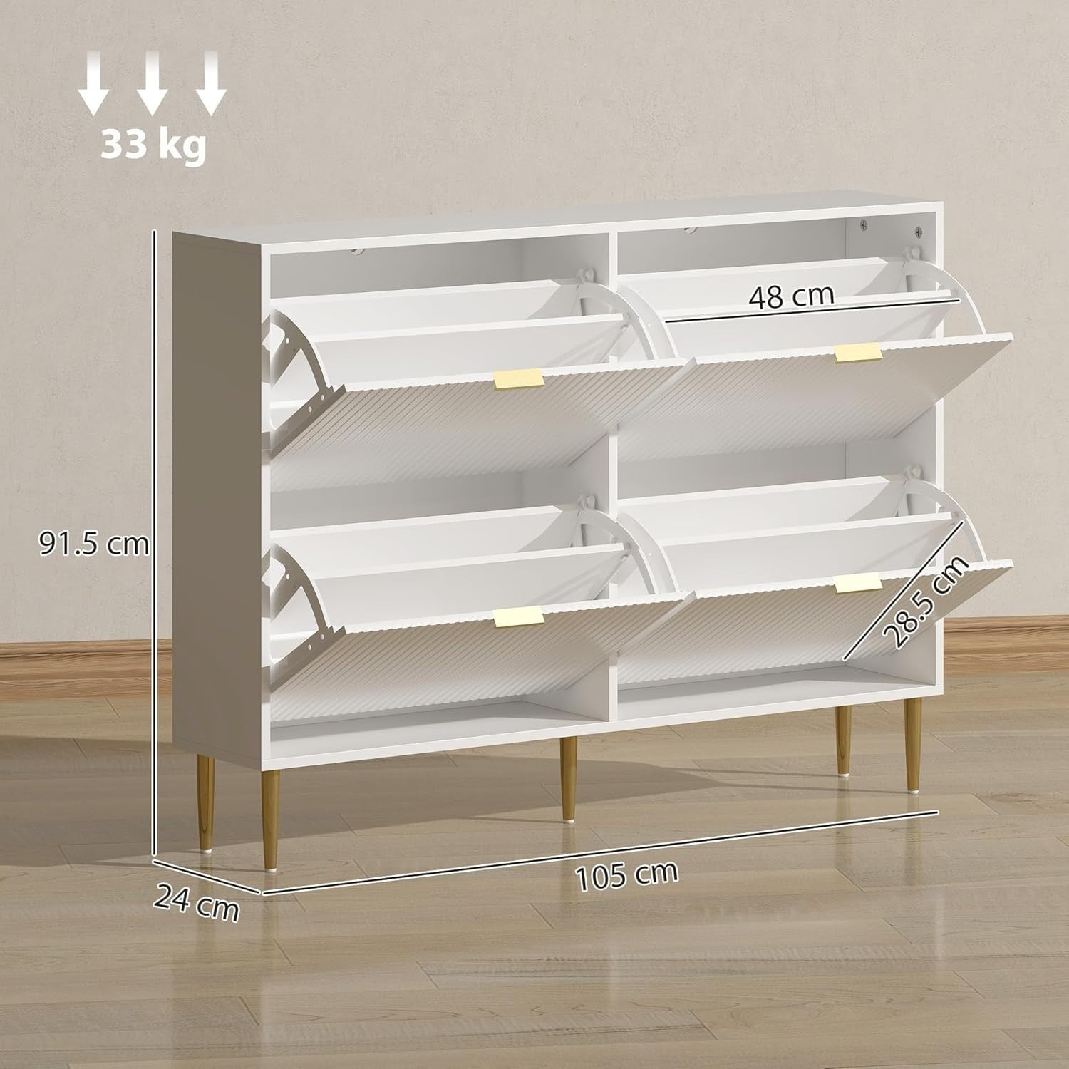 Slim 4 Drawer Shoe Cabinet – Fluted Doors, Adjustable Shelves, Space-Saving