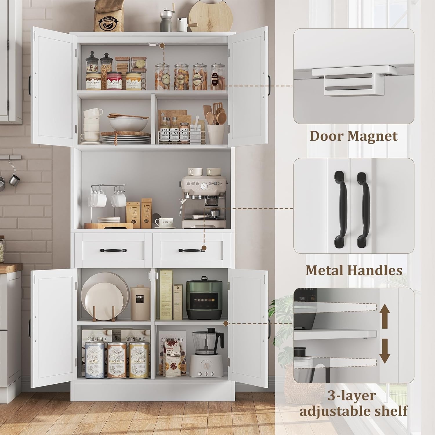White Tall Kitchen Cupboard 180cm 4 Door Pantry Storage Cabinet Unit