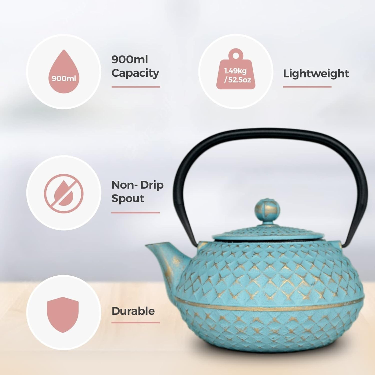 Cast Iron Teapot 900ml Chinese Tetsubin Tea Pot w Infuser Blue Diamond