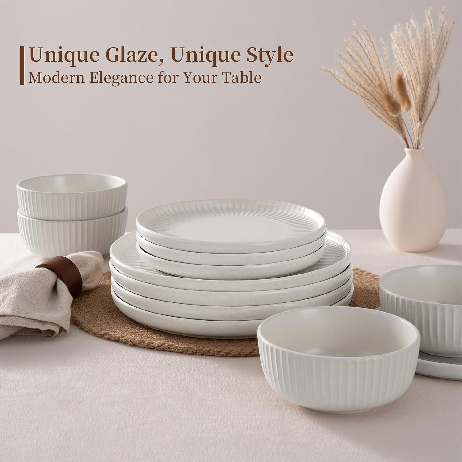 12 Piece Stoneware Dinner Set Plates Reactive Glaze Dishwasher Safe