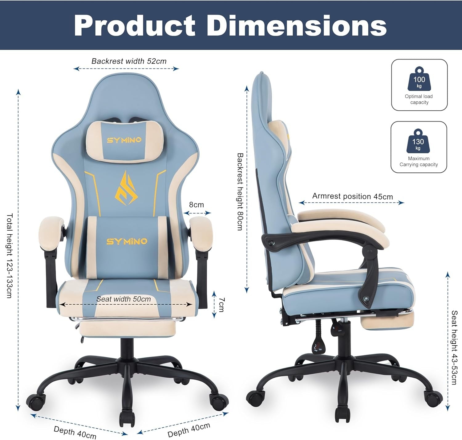 Ergonomic Gaming Chair Recliner w/ Footrest Lumbar PU Leather Blue