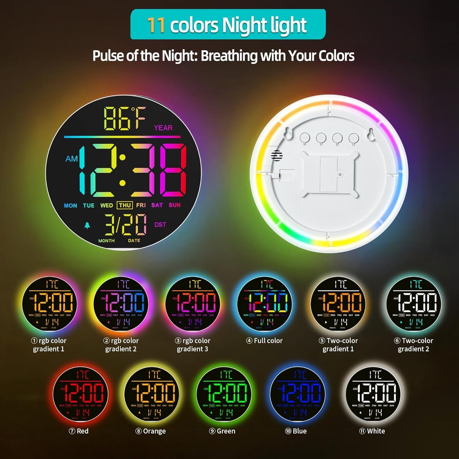 White 10" RGB Digital Wall Clock LED Large Display Remote Temperature