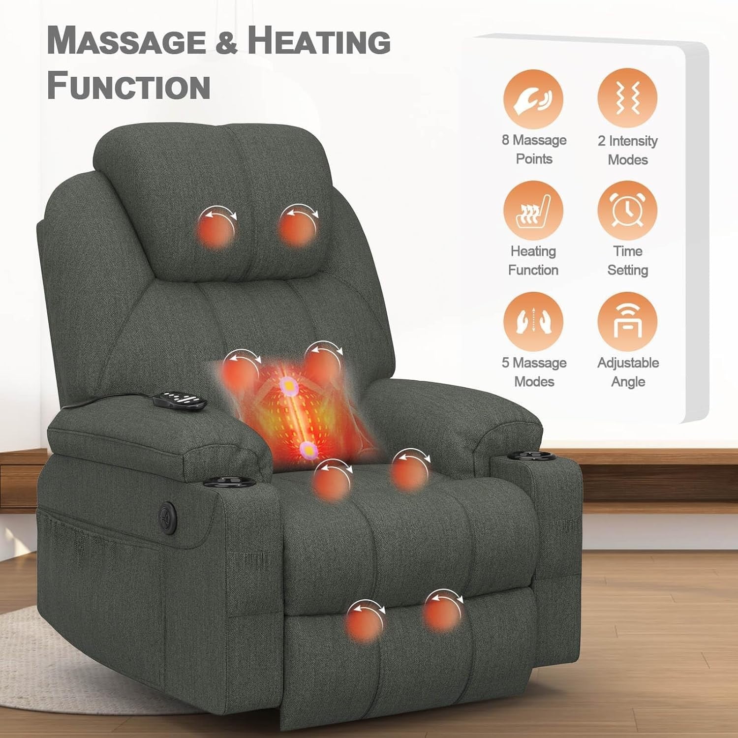 Set of 3 Power Lift Recliners Massage Heat USB-C Footrest Cup Holders Dark Grey