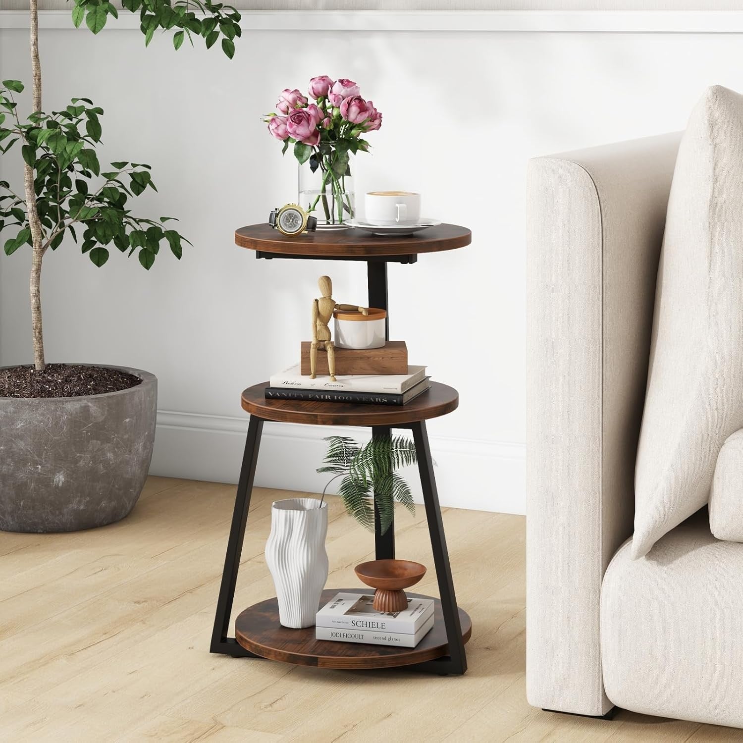 Set of 2 Rustic Brown 3-Tier Round Side Tables – Industrial Bedside Tables 40×55