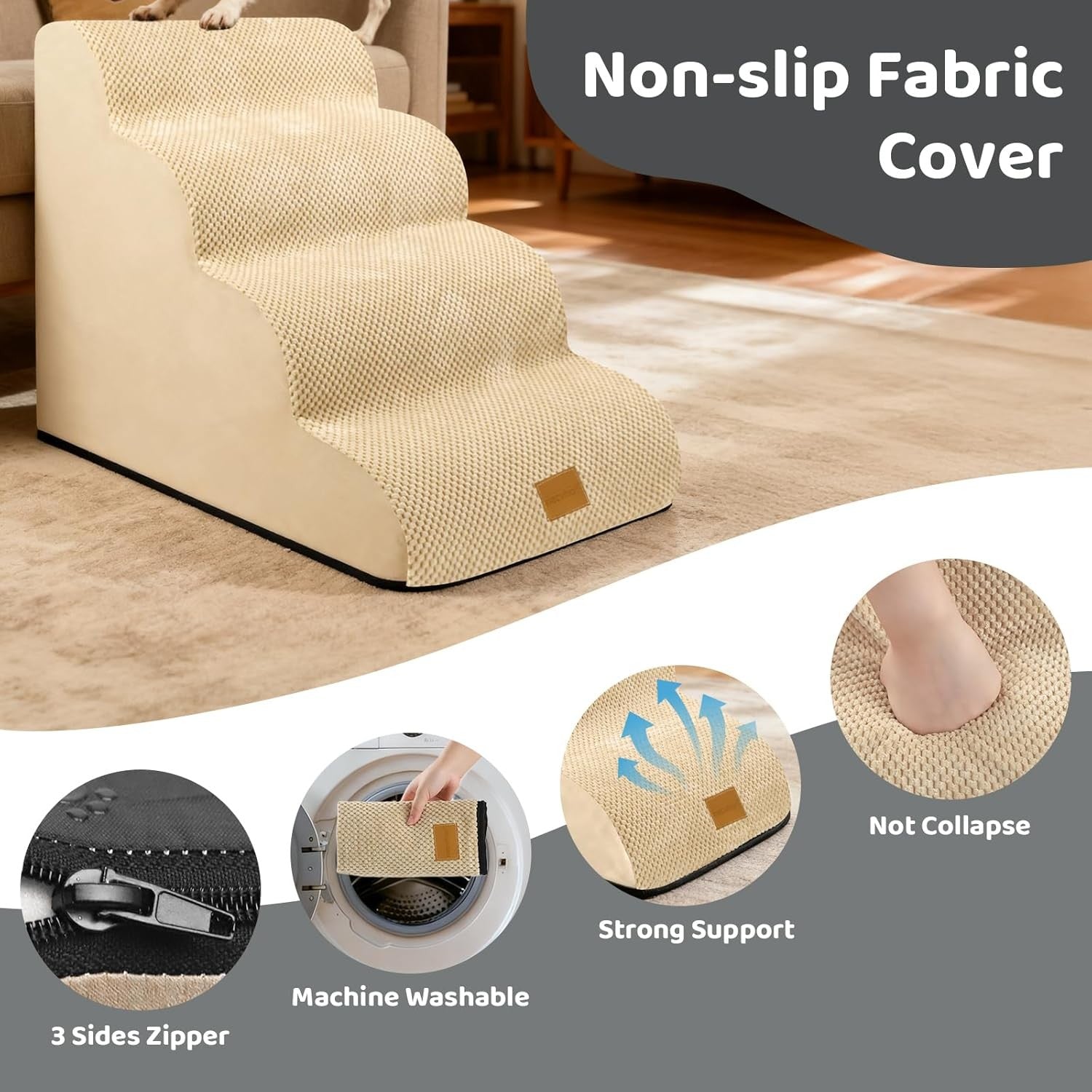 Dog Steps for Bed 4-Step Non-Slip Pet Stairs Ladder Foam Ramp with Plush Cover –