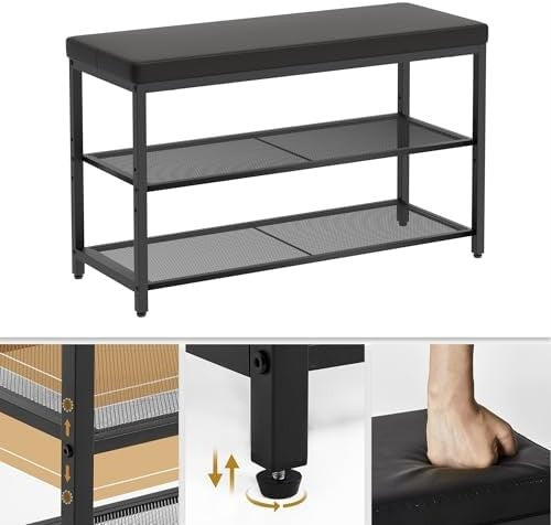 Black 3-Tier Shoe Bench with Padded Seat – Industrial Hallway Organizer Black