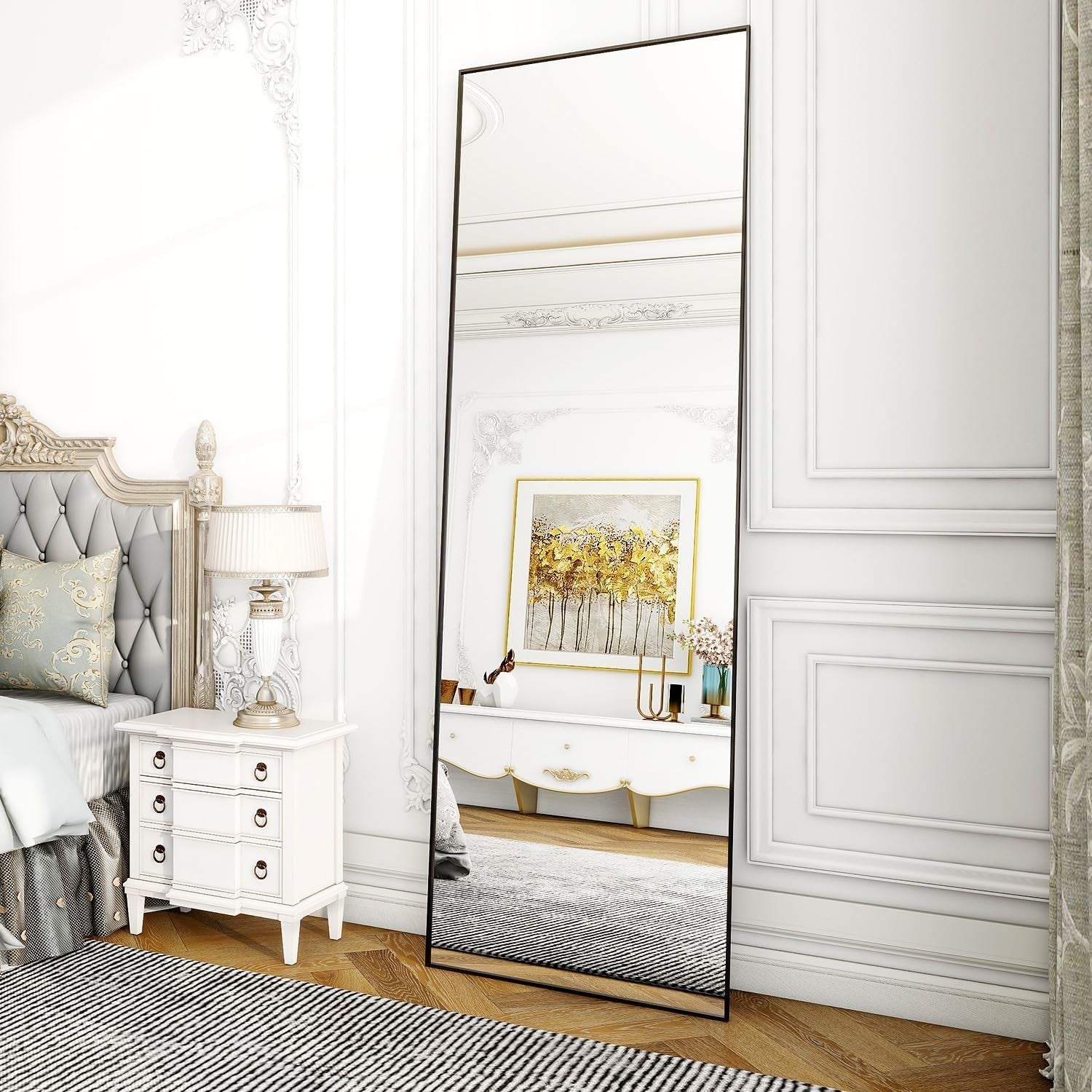 Full-Length Arch Mirror 163×53 cm Lean or Hang Black Slim Frame