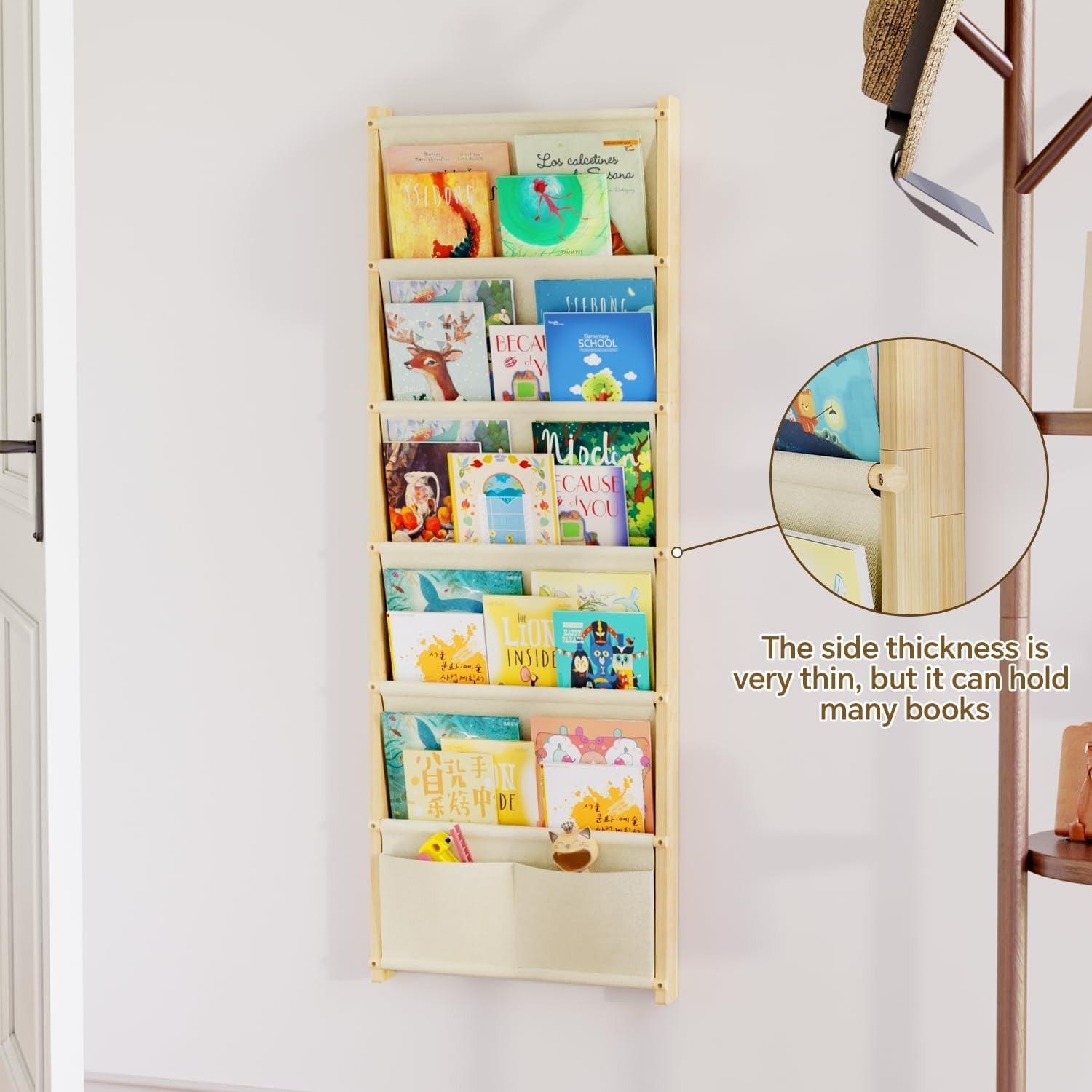 6-Tier Wall Mounted Kids Bookshelf Solid Wood Floating Book Rack Organizer