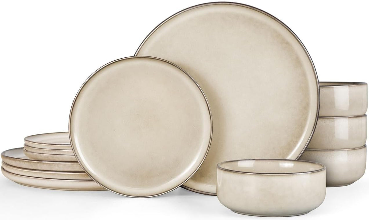 12pc Stoneware Dinner Set Plates Bowls Microwave Dishwasher Safe Cream