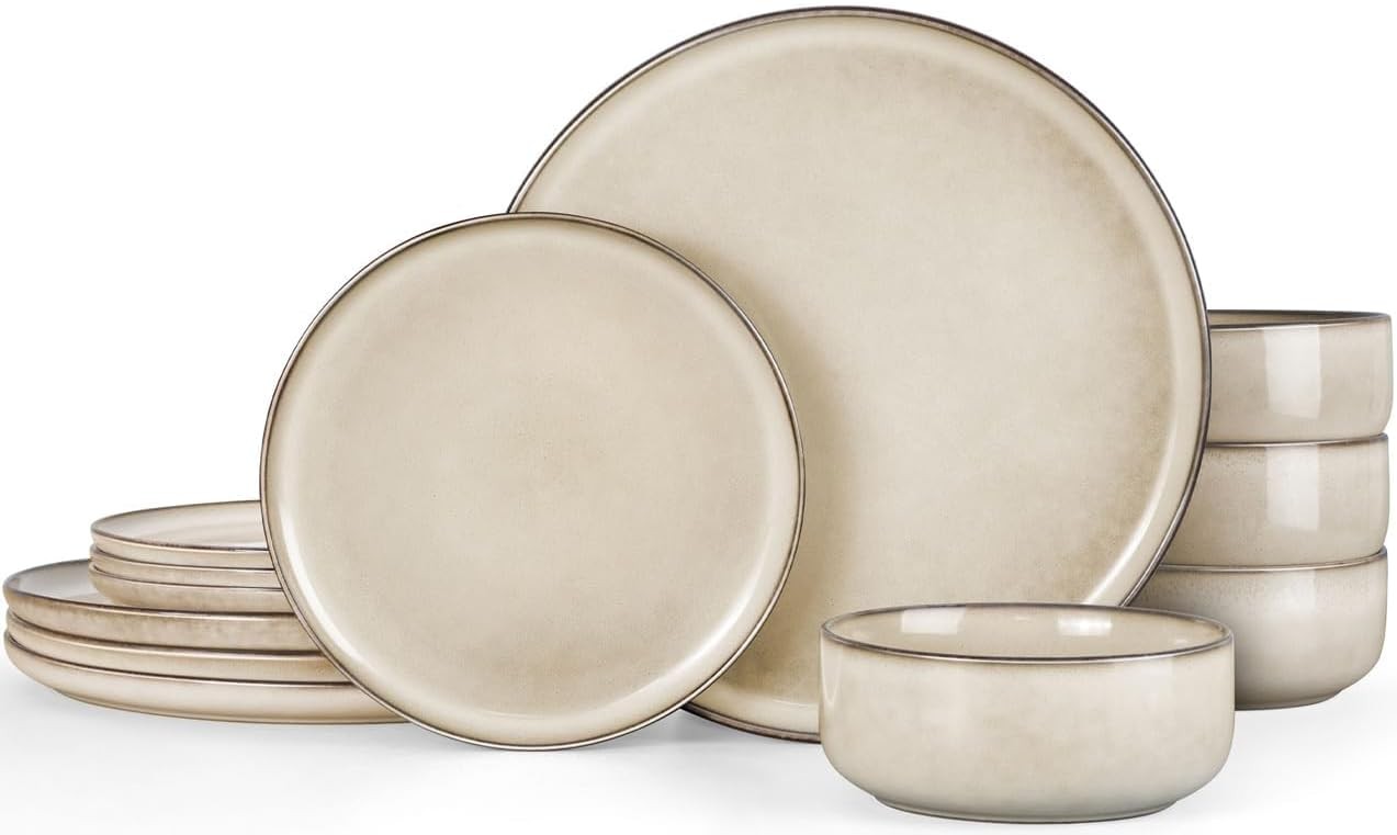 12pc Stoneware Dinner Set Plates Bowls Microwave Dishwasher Safe Cream