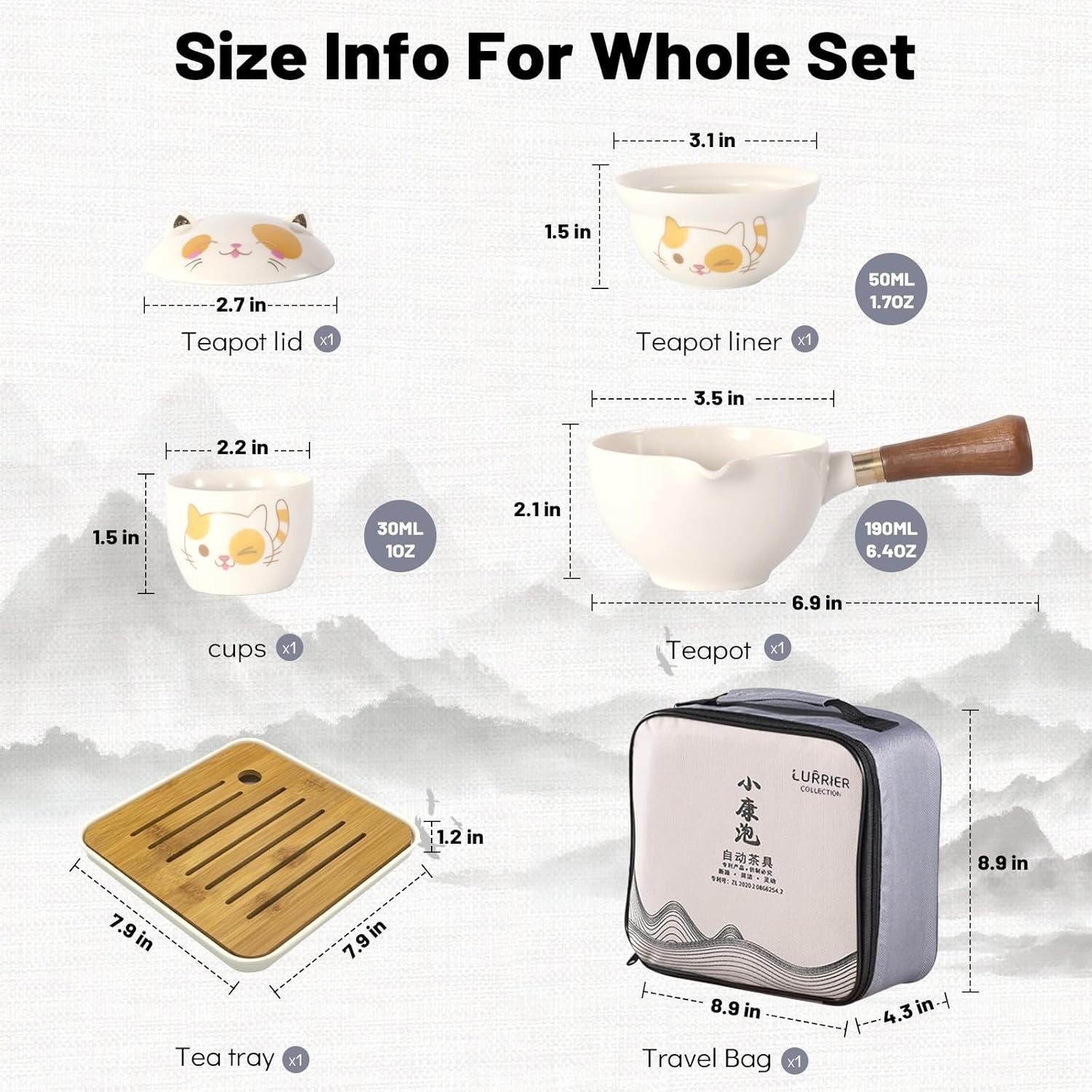 Portable Gongfu Tea Set Kitty Cat Rotating Teapot Infuser Travel Gift