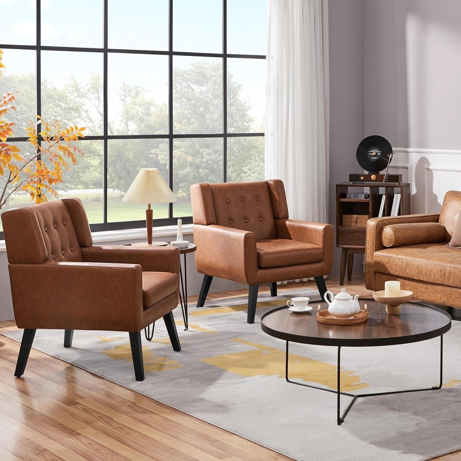 Set of 2 Retro Brown PU Leather Armchairs with Button Tufted Cushions