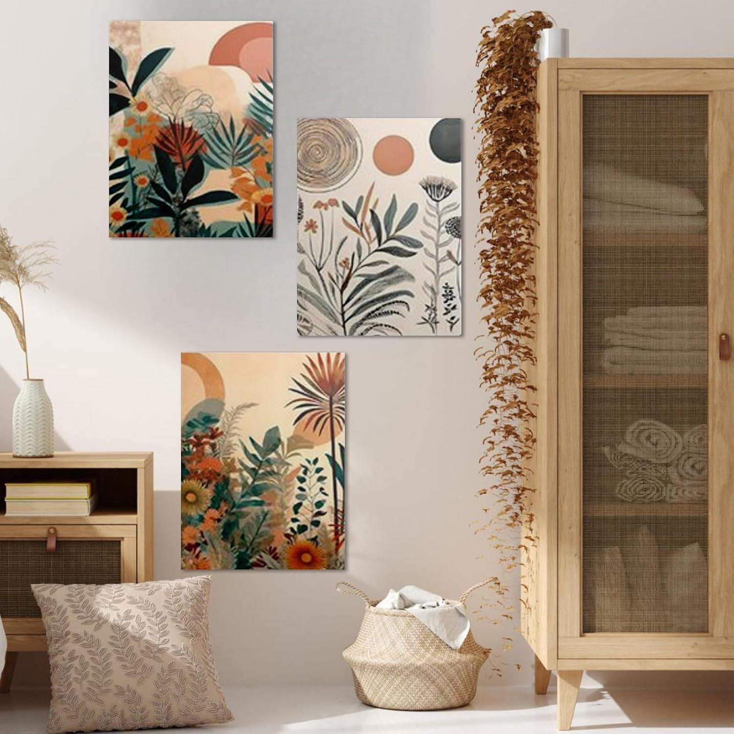 Boho Canvas Wall Art Set of 3 Framed Botanical Prints 40x30cm