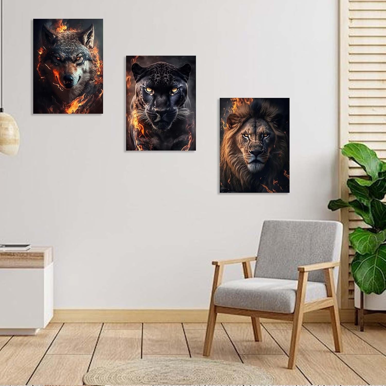 Set of 3 Animal Fire Canvas Wall Art 12x16 Framed Wolf Lion Panther Decor
