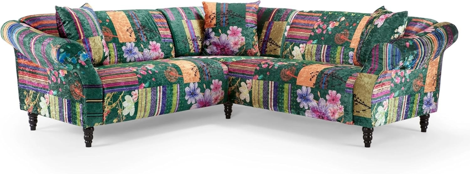 Vibrant Patchwork 5-Seater Corner Sofa with Crushed Velvet & Solid Wood Frame