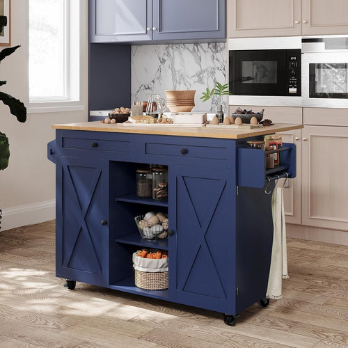 Kitchen Island Trolley with Drop Leaf, Storage Cabinets & Wheels – Blue