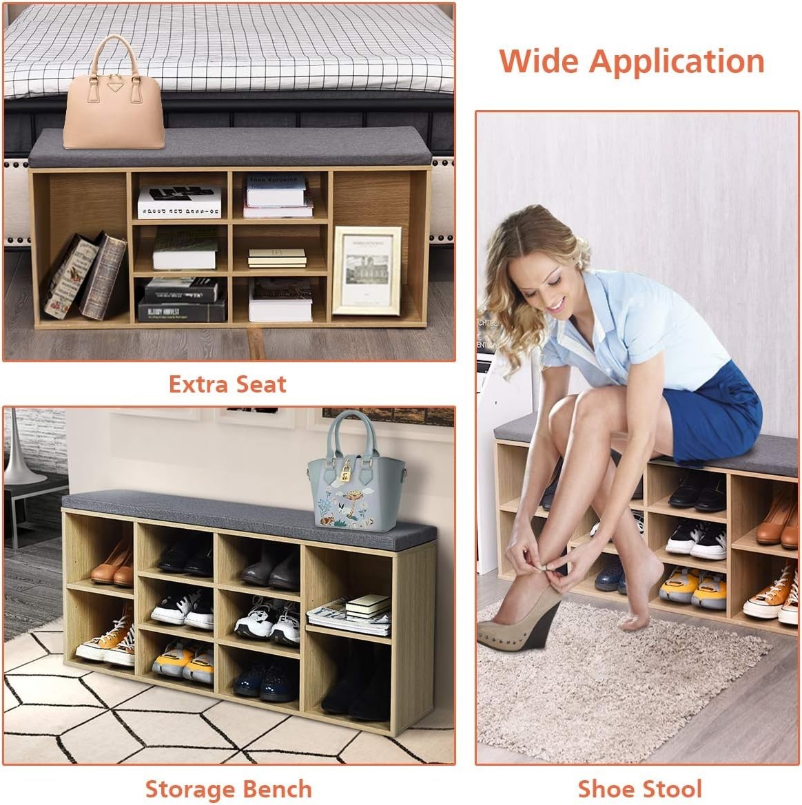Shoe Storage Bench with Cushion & Adjustable Shelves 104x30x48cm Natural