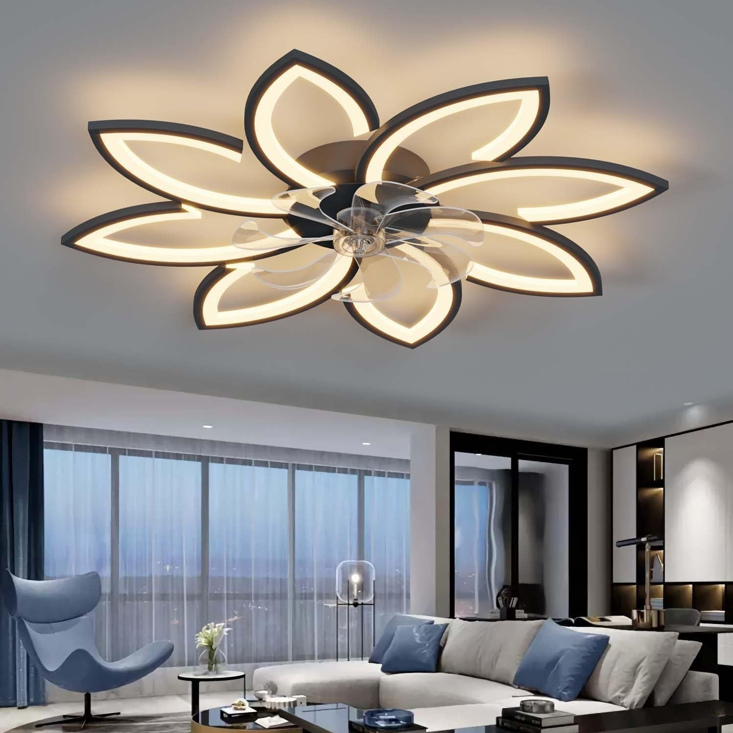 90CM Ceiling Fan with Light, 6-Speed, Remote, Silent DC, Black, LED