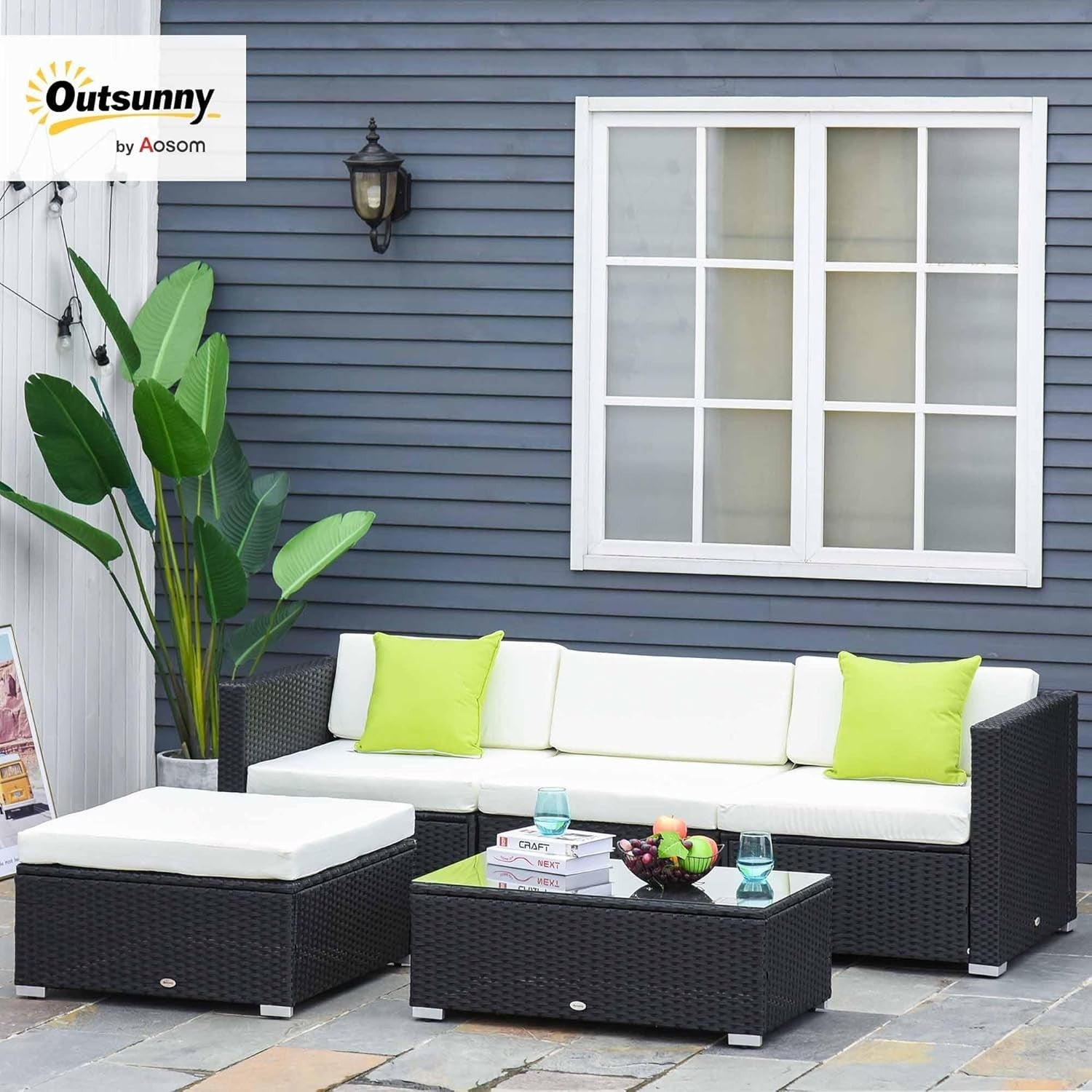 5PC Black PE Rattan Outdoor Sofa Set Cushions Glass Table Patio Furniture