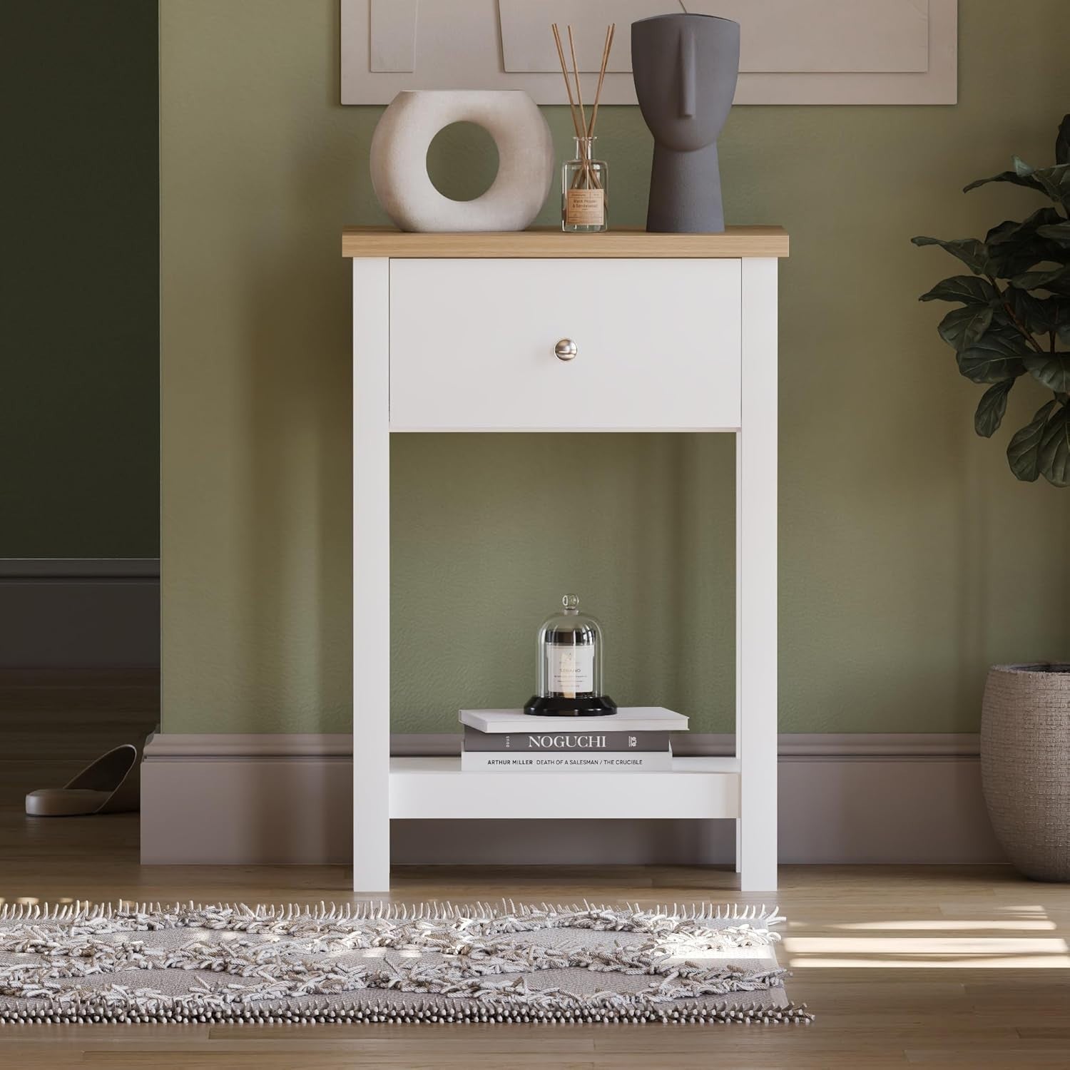 Compact 1-Drawer Console Table Hallway Shelf, White & Oak, Stylish Storage