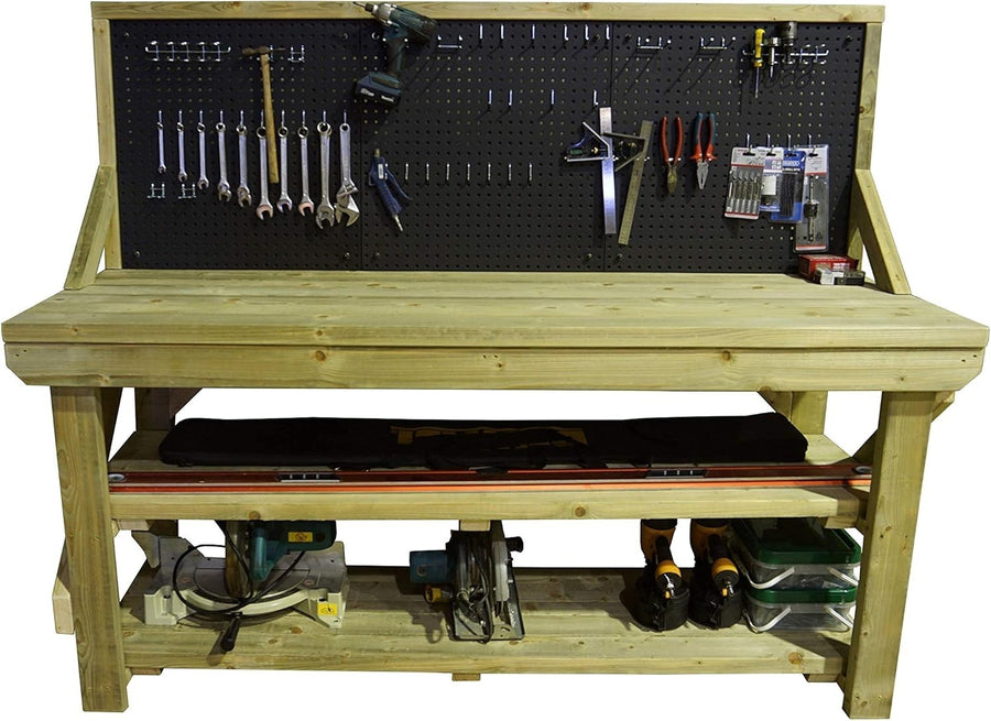 6ft Heavy Duty Workbench with Pegboard & Double Shelf – Includes 46-Piece