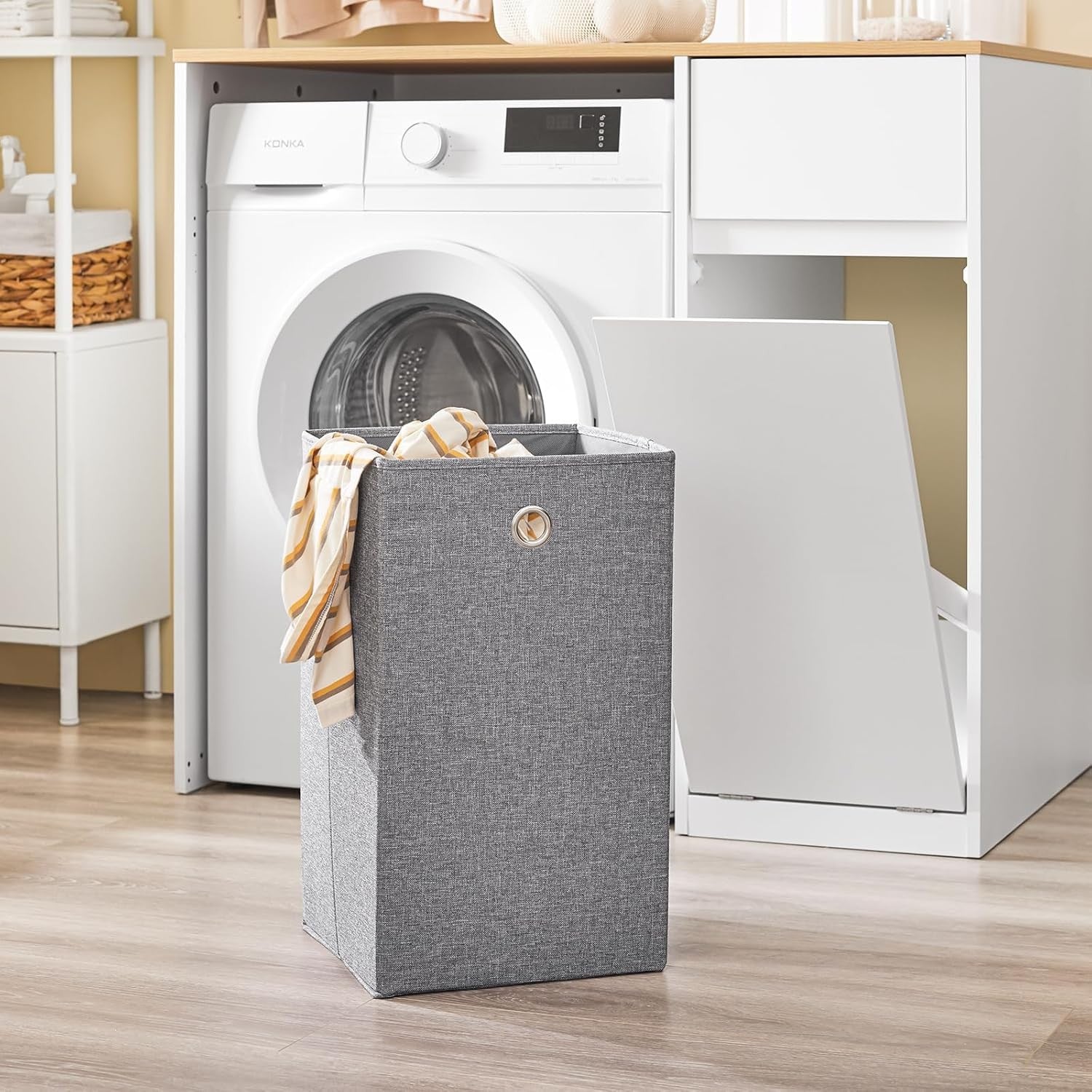 Washing Machine Cabinet with Laundry Basket Drawer Storage Unit White