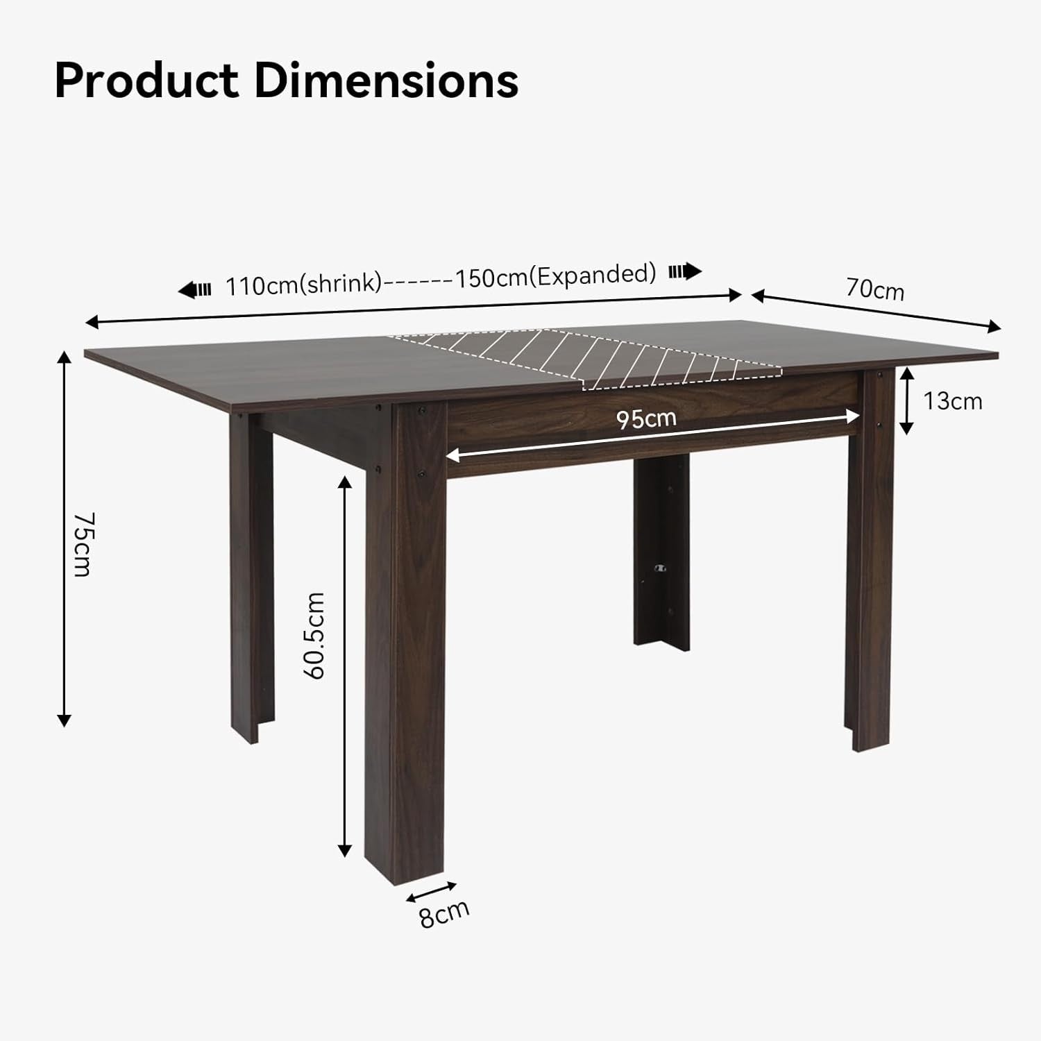 Extendable Dining Table 6-8 Seater Brown Wood Kitchen Home Solid Legs
