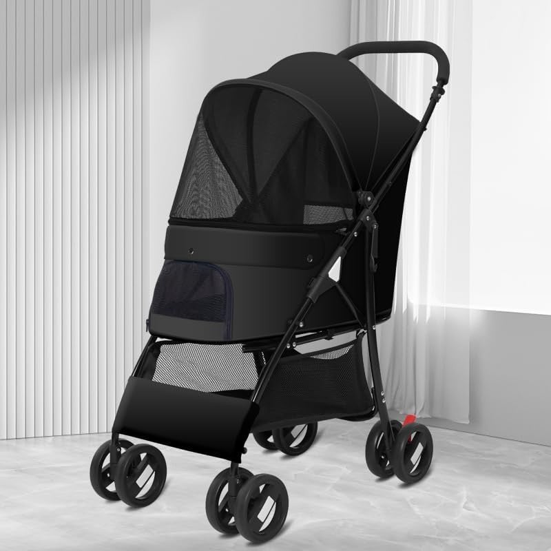 Pet Stroller Foldable Lightweight Dog Cat Carrier w/ Storage & Safety Leash