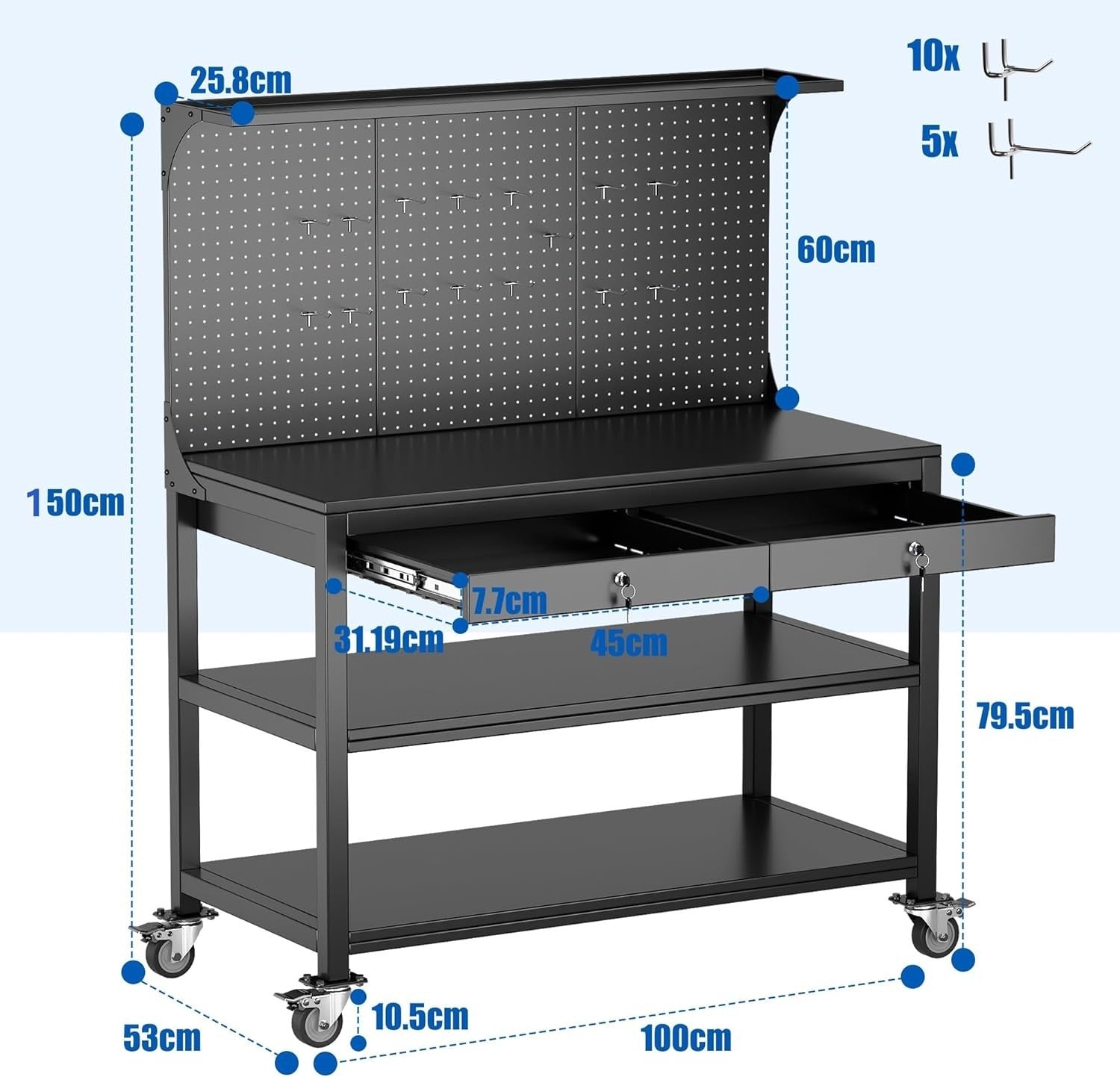 Mobile Heavy Duty Workbench 500kg Pegboard Wheels Lockable Drawers 1500x1000mm